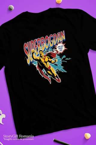 Tricou Barbati Super Bogdan, SuperErou Sunt Aici Pentru Tine cu imprimeu pe Fata, 100% Bumbac, Negru, L [2]