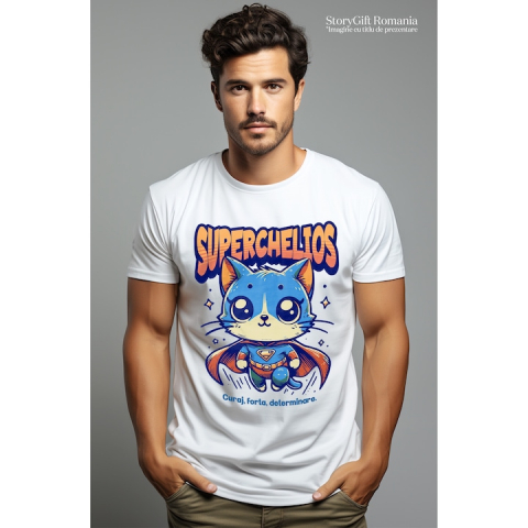 Tricou Barbati Super Chelios, SuperErou, Pisica Zburand cu imprimeu pe Fata, 100% Bumbac, Alb, XL [1]
