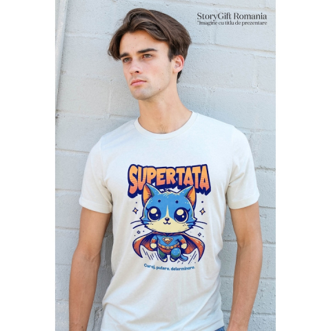 Tricou Barbati Super Tata, SuperErou, Pisica Zburand cu imprimeu pe Fata, 100% Bumbac, Alb, L [1]