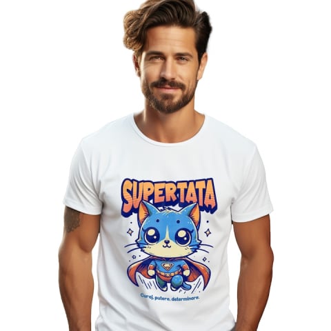 Promotii - Tricou Barbati Super Tata, SuperErou, Pisica Zburand cu imprimeu pe Fata, 100% Bumbac, Alb, L