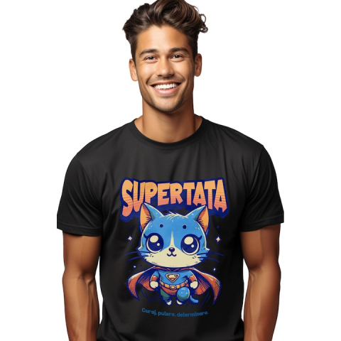 Barbati - Marimea XL - Tricou Barbati Super Tata, SuperErou, Pisica Zburand cu imprimeu pe Fata, 100% Bumbac, Negru, XL
