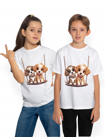 Promotii - Tricou Copii cu 2 catei care se dau in leagan, ilustratie, amici, joaca, ascultatori, pentru iubitorii de caini, copilarie,  100% Bumbac, Unisex, Alb, 8 Ani, 52CM