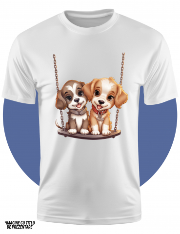 Tricou Copii cu 2 catei care se dau in leagan, ilustratie, amici, joaca, ascultatori, pentru iubitorii de caini, copilarie,  100% Bumbac, Unisex, Alb, 8 Ani, 52CM [1]