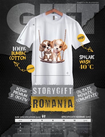 Tricou Copii cu 2 catei care se dau in leagan, ilustratie, amici, joaca, ascultatori, pentru iubitorii de caini, copilarie,  100% Bumbac, Unisex, Alb, 8 Ani, 52CM [2]