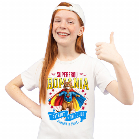 Tricou Femei, Barbati, Copii, Fata, Baiat, Unisex Personalizat Pisica Abisiniană în Costum de Căpitan România – Supererou pentru Copii și Iubitorii de Animale