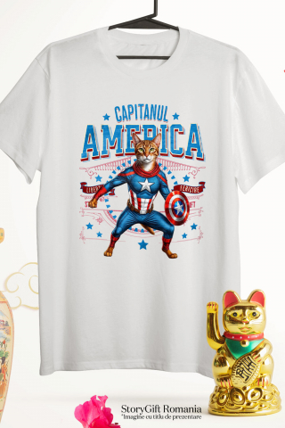 Tricou Femei, Barbati, Copii, Fata, Baiat, Unisex Personalizat Pisica Abisiniană în Costum de Captain America cu Pelerină - Cadou Personalizat pentru Copii și Iubitorii de Pisici [2]