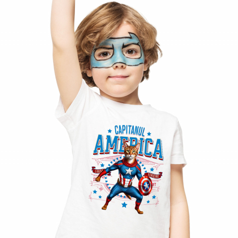 Tricou Femei, Barbati, Copii, Fata, Baiat, Unisex Personalizat Pisica Abisiniană în Costum de Captain America cu Pelerină - Cadou Personalizat pentru Copii și Iubitorii de Pisici