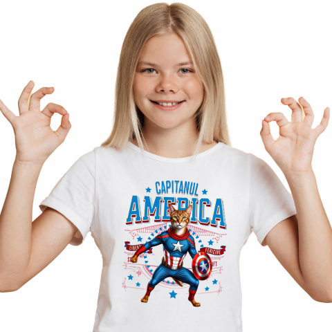 Tricou Femei, Barbati, Copii, Fata, Baiat, Unisex Personalizat Pisica Abisiniană în Costum de Captain America cu Pelerină - Cadou Personalizat pentru Copii și Iubitorii de Pisici [1]