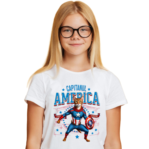 SuperEroi si Personaje TV - Tricou Femei, Barbati, Copii, Fata, Baiat, Unisex Personalizat Pisica Abisiniană în Costum de Captain America cu Pelerină - Cadou Personalizat pentru Copii și Iubitorii de Pisici