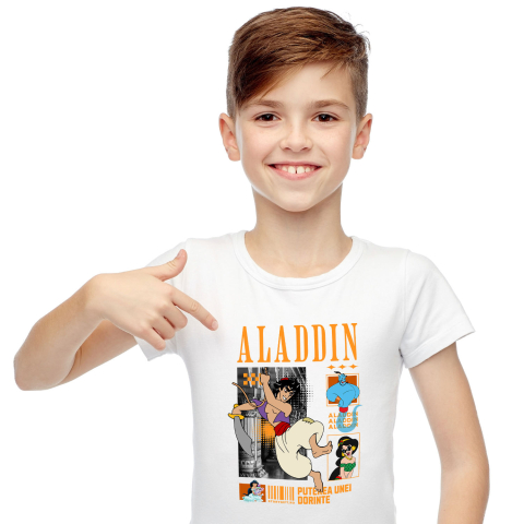 Desene Animate - Tricou Copii cu Alladin – Aventuri pentru Baieti 100% Bumbac, Alb, 8 Ani