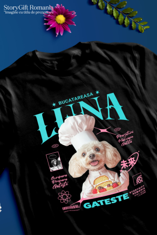 Tricou Copii cu Animal Bucatar, Cofetar, Patiser, Peronalizata cu Numele si Poza Animalului Tau cu imprimeu pe Fata, 100% Bumbac, Negru, 12 Ani [2]