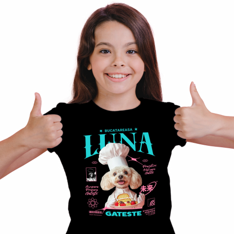 Tricou Copii cu Animal Bucatar, Cofetar, Patiser, Peronalizata cu Numele si Poza Animalului Tau cu imprimeu pe Fata, 100% Bumbac, Negru, 12 Ani [1]