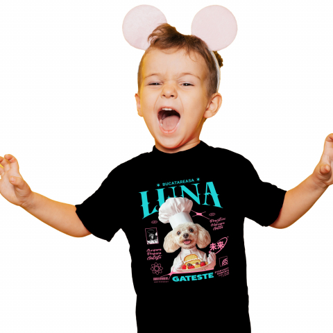 Personalizate cu Animalul Tau - Tricou Copii cu Animal Bucatar, Cofetar, Patiser, Peronalizata cu Numele si Poza Animalului Tau cu imprimeu pe Fata, 100% Bumbac, Negru, 4 Ani