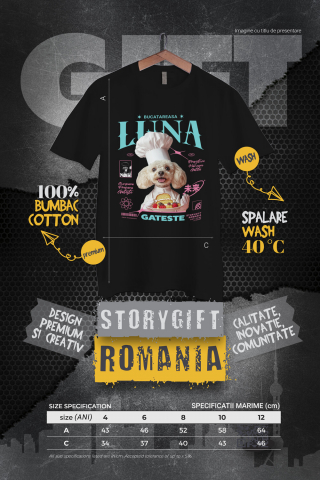 Tricou Copii cu Animal Bucatar, Cofetar, Patiser, Peronalizata cu Numele si Poza Animalului Tau cu imprimeu pe Fata, 100% Bumbac, Negru, 12 Ani [3]
