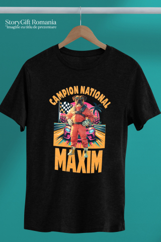 Tricou Copii cu Animal Campion la Cursele cu Masini, Peronalizata cu Numele si Poza Animalului Tau cu imprimeu pe Fata, 100% Bumbac, Negru, 8 Ani [2]