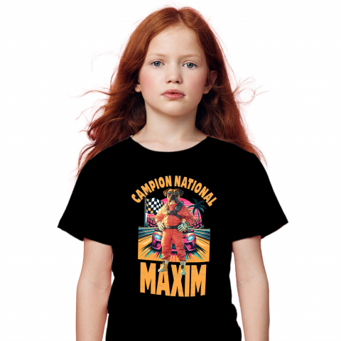 Tricou Copii cu Animal Campion la Cursele cu Masini, Peronalizata cu Numele si Poza Animalului Tau cu imprimeu pe Fata, 100% Bumbac, Negru, 8 Ani [1]