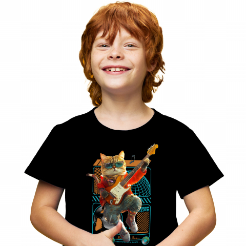 Personalizate cu Animalul Tau - Tricou Copii cu Animal Cantand la Chitara, Peronalizata cu Numele si Poza Animalului Tau cu imprimeu pe Fata, 100% Bumbac, Negru, 4 Ani