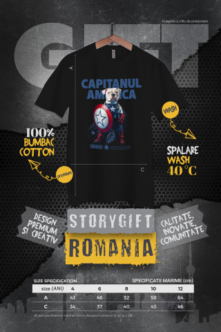 Tricou Copii cu Animal Capitanul America, Peronalizata cu Numele si Poza Animalului Tau cu imprimeu pe Fata, 100% Bumbac, Negru, 10 Ani [3]