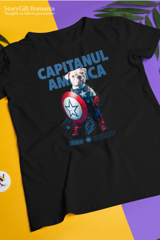 Tricou Copii cu Animal Capitanul America, Peronalizata cu Numele si Poza Animalului Tau cu imprimeu pe Fata, 100% Bumbac, Negru, 10 Ani [2]