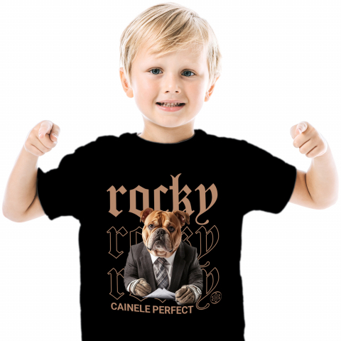 Personalizate cu Animalul Tau - Tricou Copii cu Animal Contabil in Costum, Peronalizata cu Numele si Poza Animalului Tau cu imprimeu pe Fata, 100% Bumbac, Negru, 4 Ani