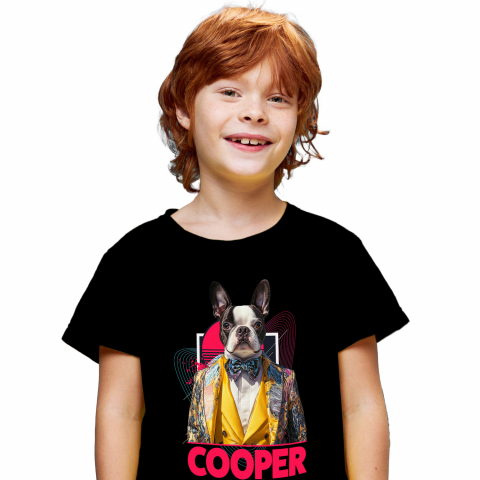 Tricouri - Tricou Copii cu Animal Designer de Moda, Costum Colorat, Peronalizata cu Numele si Poza Animalului Tau cu imprimeu pe Fata, 100% Bumbac, Negru, 8 Ani