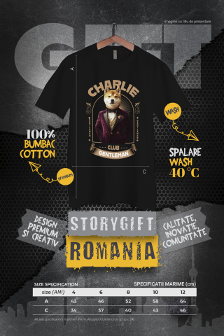 Tricou Copii cu Animal Gentleman in Costum, Camasa, Papion si Floare Trandfir, Peronalizata cu Numele si Poza Animalului Tau cu imprimeu pe Fata, 100% Bumbac, Negru, 8 Ani [3]