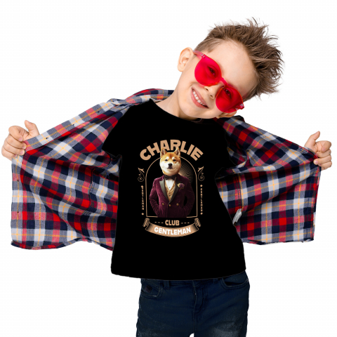 Tricou Copii cu Animal Gentleman in Costum, Camasa, Papion si Floare Trandfir, Peronalizata cu Numele si Poza Animalului Tau cu imprimeu pe Fata, 100% Bumbac, Negru, 8 Ani [1]