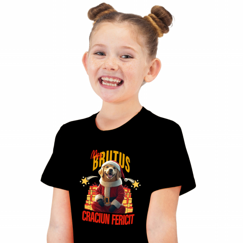 Personalizate cu Animalul Tau - Tricou Copii cu Animal Imbracat in Haine de Craciun, Cadouri, Peronalizata cu Numele si Poza Animalului Tau cu imprimeu pe Fata, 100% Bumbac, Negru, 4 Ani