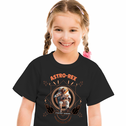 Personalizate cu Animalul Tau - Tricou Copii cu Animal In Costum de Astronaut , Peronalizata cu Numele si Poza Animalului Tau cu imprimeu pe Fata, 100% Bumbac, Negru, 4 Ani