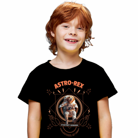 Tricou Copii cu Animal In Costum de Astronaut , Peronalizata cu Numele si Poza Animalului Tau cu imprimeu pe Fata, 100% Bumbac, Negru, 12 Ani [1]
