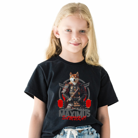 Personalizate cu Animalul Tau - Tricou Copii cu Animal In Costum de Samurai, Peronalizata cu Numele si Poza Animalului Tau cu imprimeu pe Fata, 100% Bumbac, Negru, 4 Ani