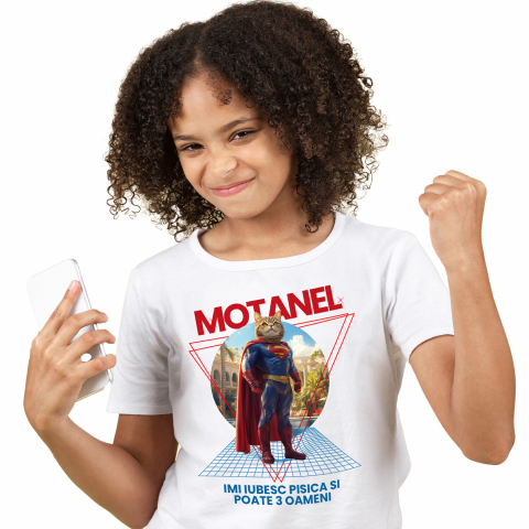 Tricou Copii cu Animal in Costum de Super Erou, Superman, Peronalizata cu Numele si Poza Animalului Tau cu imprimeu pe Fata, 100% Bumbac, Alb, 4 Ani [1]