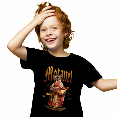 Personalizate cu Animalul Tau - Tricou Copii cu Animal In Costum Japonez, Peronalizata cu Numele si Poza Animalului Tau cu imprimeu pe Fata, 100% Bumbac, Negru, 4 Ani