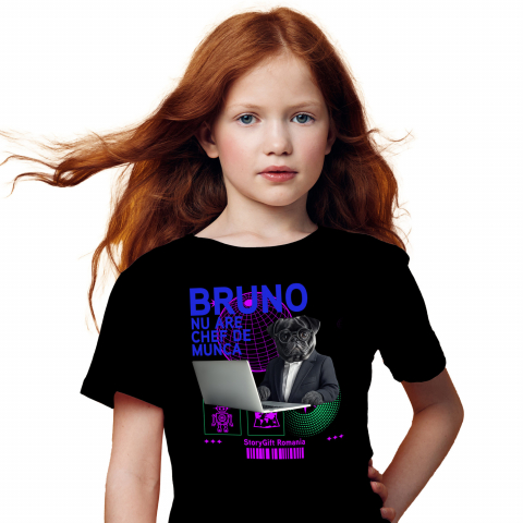 Personalizate cu Animalul Tau - Tricou Copii cu Animal In Costum Lucrand pe Laptop, Peronalizata cu Numele si Poza Animalului Tau cu imprimeu pe Fata, 100% Bumbac, Negru, 4 Ani