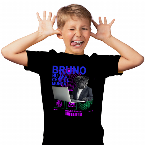 Tricou Copii cu Animal In Costum Lucrand pe Laptop, Peronalizata cu Numele si Poza Animalului Tau cu imprimeu pe Fata, 100% Bumbac, Negru, 12 Ani [1]