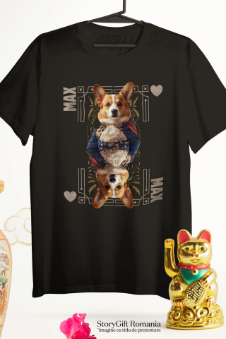 Tricou Copii cu Animal In Costum Regal, Carte de Joc, Inima, Peronalizata cu Numele si Poza Animalului Tau cu imprimeu pe Fata, 100% Bumbac, Negru, 8 Ani [2]