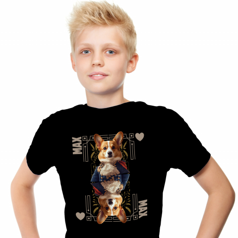 Tricou Copii cu Animal In Costum Regal, Carte de Joc, Inima, Peronalizata cu Numele si Poza Animalului Tau cu imprimeu pe Fata, 100% Bumbac, Negru, 8 Ani [1]