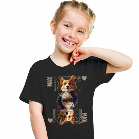 Personalizate cu Animalul Tau - Tricou Copii cu Animal In Costum Regal, Carte de Joc, Inima, Peronalizata cu Numele si Poza Animalului Tau cu imprimeu pe Fata, 100% Bumbac, Negru, 4 Ani