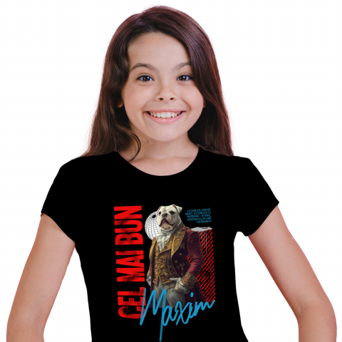 Personalizate cu Animalul Tau - Tricou Copii cu Animal In Costum Regal Renascentist, Peronalizata cu Numele si Poza Animalului Tau cu imprimeu pe Fata, 100% Bumbac, Negru, 4 Ani