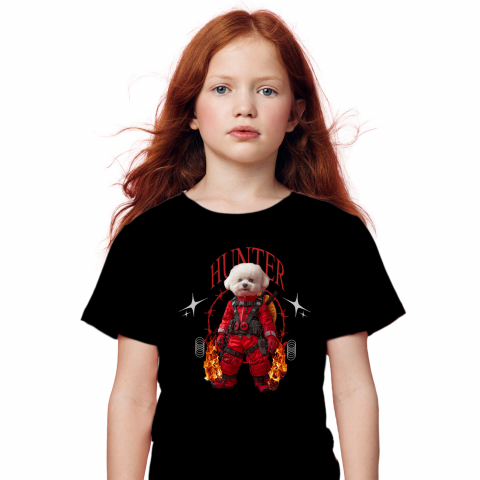 Tricouri - Tricou Copii cu Animal In Costum Rosu Similar cu Deadpool, Flacari, Peronalizata cu Numele si Poza Animalului Tau cu imprimeu pe Fata, 100% Bumbac, Negru, 12 Ani