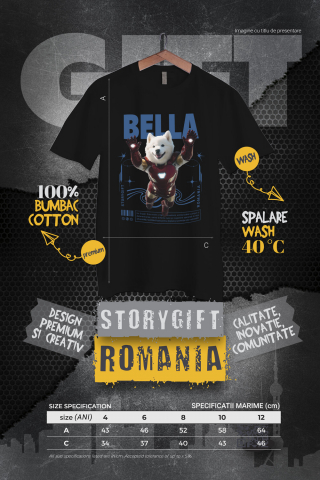 Tricou Copii cu Animal In Costumul lui Ironman, Zburand, Peronalizata cu Numele si Poza Animalului Tau cu imprimeu pe Fata, 100% Bumbac, Negru, 4 Ani [3]