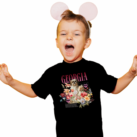 Tricou Copii cu Animal In Rochie de Mireasa cu Tort, Flori, Peronalizata cu Numele si Poza Animalului Tau cu imprimeu pe Fata, 100% Bumbac, Negru, 4 Ani [1]