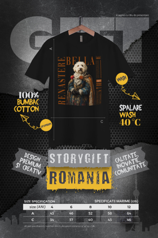 Tricou Copii cu Animal in Vesmant Regal Renascentist, Peronalizata cu Numele si Poza Animalului Tau cu imprimeu pe Fata, 100% Bumbac, Negru, 8 Ani [3]