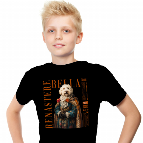 Tricou Copii cu Animal in Vesmant Regal Renascentist, Peronalizata cu Numele si Poza Animalului Tau cu imprimeu pe Fata, 100% Bumbac, Negru, 8 Ani [1]