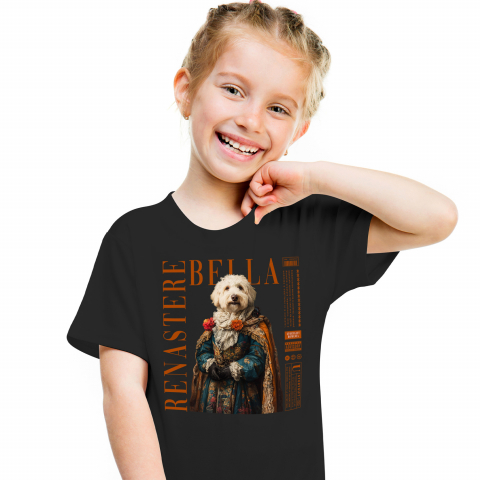 Personalizate cu Animalul Tau - Tricou Copii cu Animal in Vesmant Regal Renascentist, Peronalizata cu Numele si Poza Animalului Tau cu imprimeu pe Fata, 100% Bumbac, Negru, 4 Ani