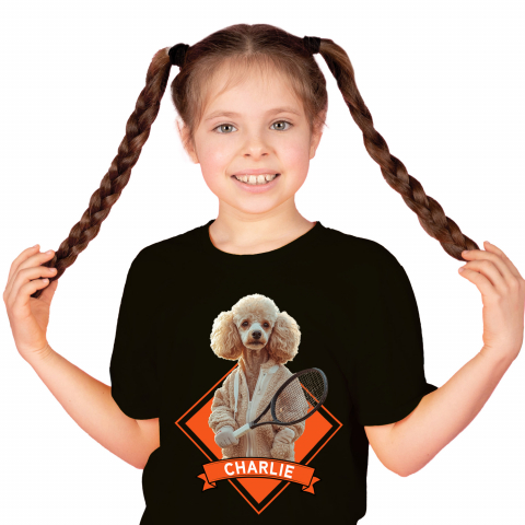 Personalizate cu Animalul Tau - Tricou Copii cu Animal Jucator de Tenis, Peronalizata cu Numele si Poza Animalului Tau cu imprimeu pe Fata, 100% Bumbac, Negru, 4 Ani