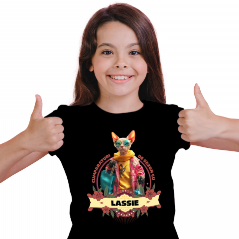 Personalizate cu Animalul Tau - Tricou Copii cu Animal La Cumparaturi, Moda, Fashion, Peronalizata cu Numele si Poza Animalului Tau cu imprimeu pe Fata, 100% Bumbac, Negru, 4 Ani