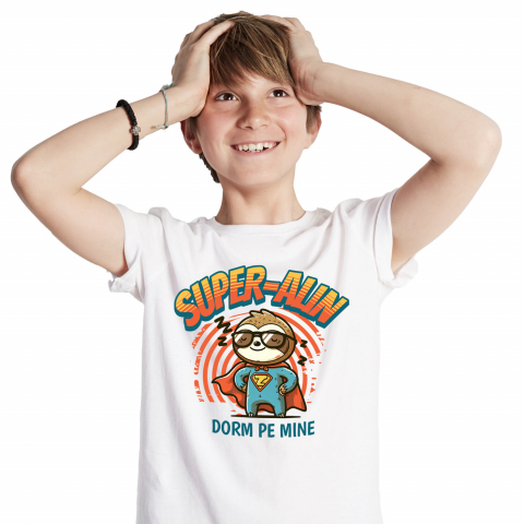 Tricou Femei, Barbati, Copii, Fata, Baiat, Unisex Personalizat Animal Lenes Cu Costum De Super Erou – Cadou Personalizat „Super-Alin Dorm Pe Mine” [1]