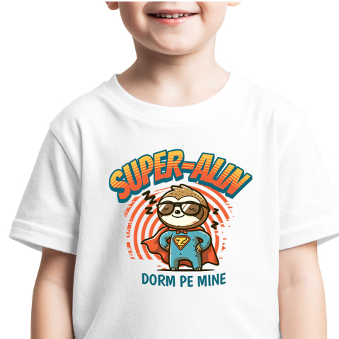 SuperEroi si Personaje TV - Tricou Femei, Barbati, Copii, Fata, Baiat, Unisex Personalizat Animal Lenes Cu Costum De Super Erou – Cadou Personalizat „Super-Alin Dorm Pe Mine”