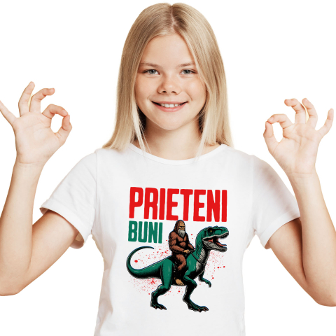 Tricou Femei, Barbati, Copii, Fata, Baiat, Unisex Personalizat Bigfoot Călărind T-Rex - Prieteni Buni - Costum și Cadou Aventură pentru Copii